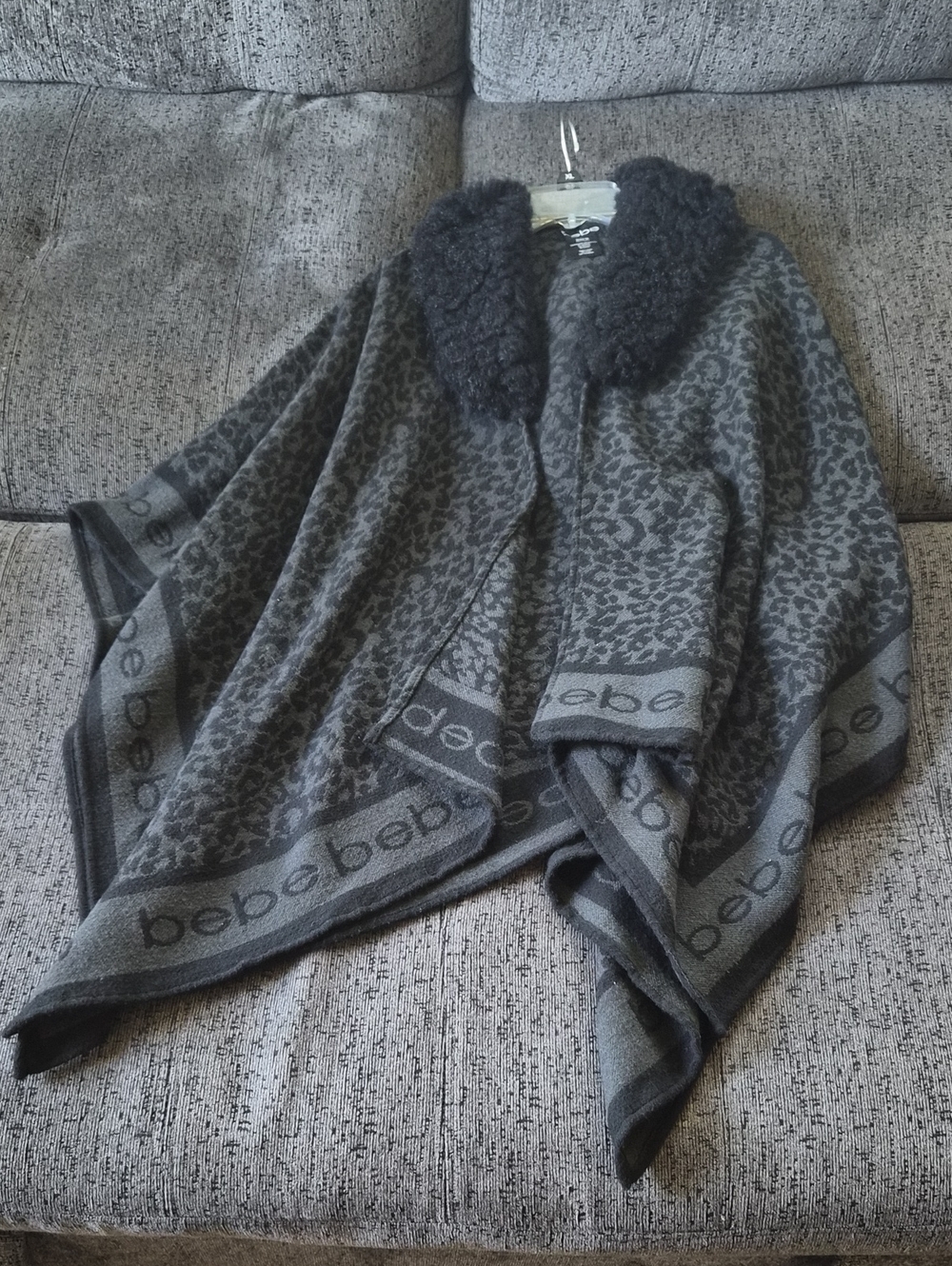 bebe Gray Leopard-Print Wrap Cape with Faux Fur Collar